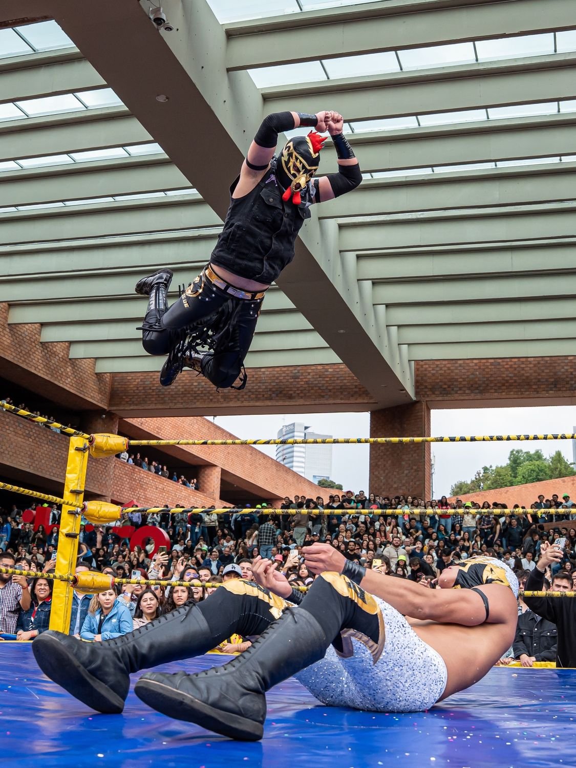 Luchador con máscara negra saltando sobre el ring ante cientos de espectadores