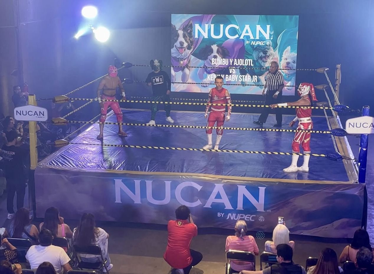 Ring con faldones y pantalla con la marca Nucan durante una lucha